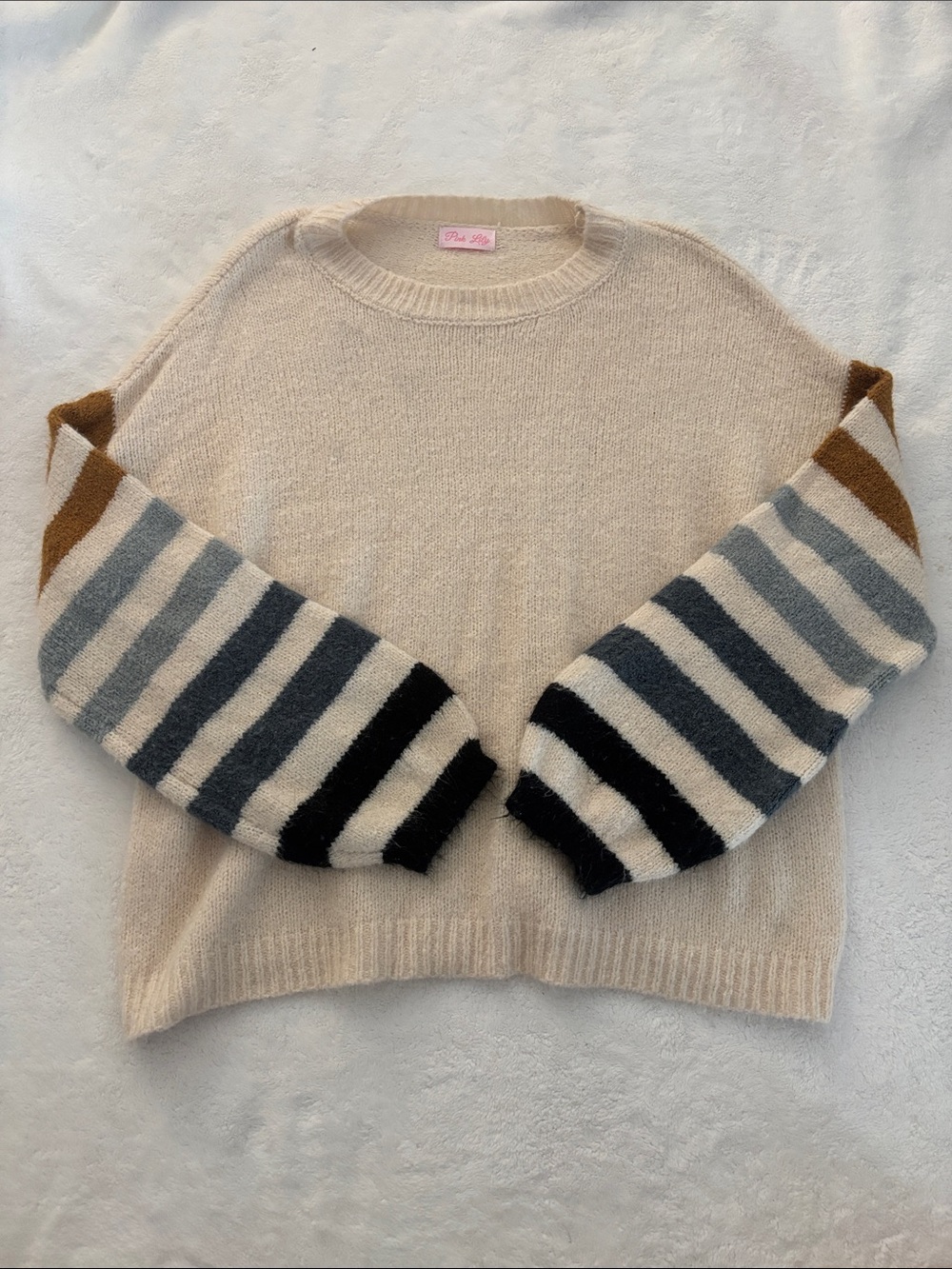 Pink Lily Cream Crewneck Sweater with Multicolor Striped Sleeves